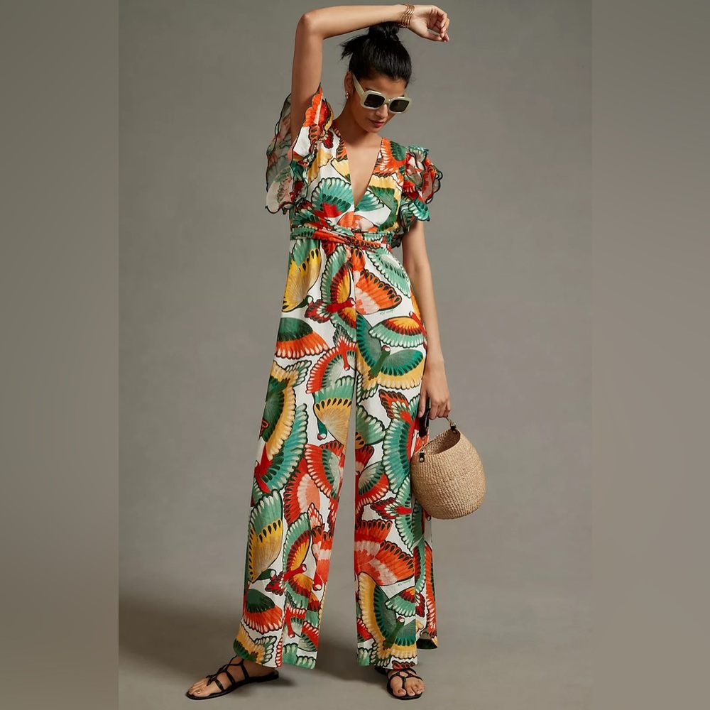 FARM Rio (for Anthropologie) Ruffle-Sleeve Printed Jumpsuit, Size XS